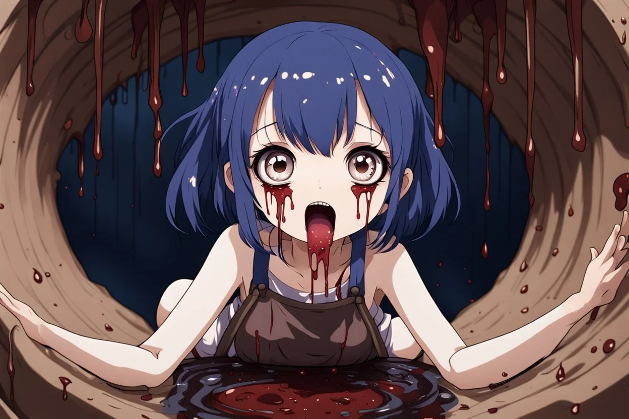 Anime girl with big eyes, darkblue and sepia tones, fullbody, slime, the perspective looking up from the bottom of an empty well, rolling eyes, tongue out, blood drip, open mouth,