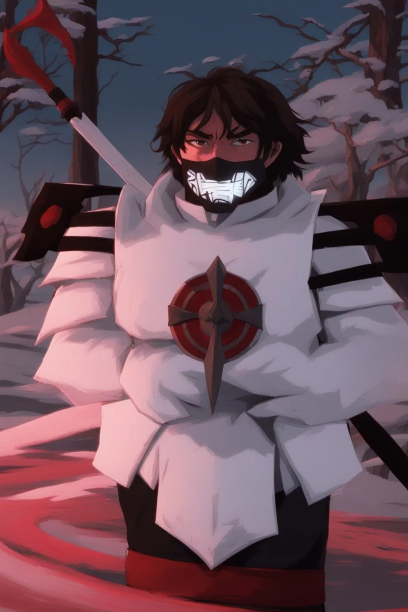 The character, in a striking white armour against a wintry backdrop stands with his hands behind his back inside the scene, he has a red and black circular symbol on his chest like a shield, a black pointed spear with a red handle on his back, His eyes are showing a dynamic expression and he wears a black oni mask with white teeth on it covering the bottom part of his mouth he has brown shoulder pads and a white belt with a bag attached to it. He has dark brown hair, he does not wear a helmet.