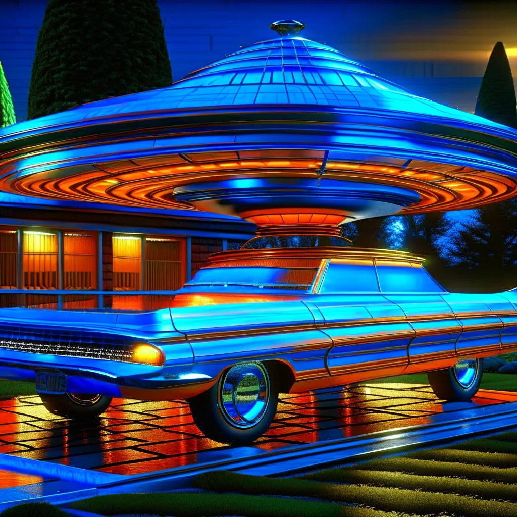 award winning car and driver digital 64k photorealistic image of a futuristic used UFO station wagon designed by an unknown alien civilization for sale in the front yard of a kentucky home, only one vehicle per image painted metallic orange traveling at a high rate of speed,the rear with bright blue flame, bilaterally symetrical