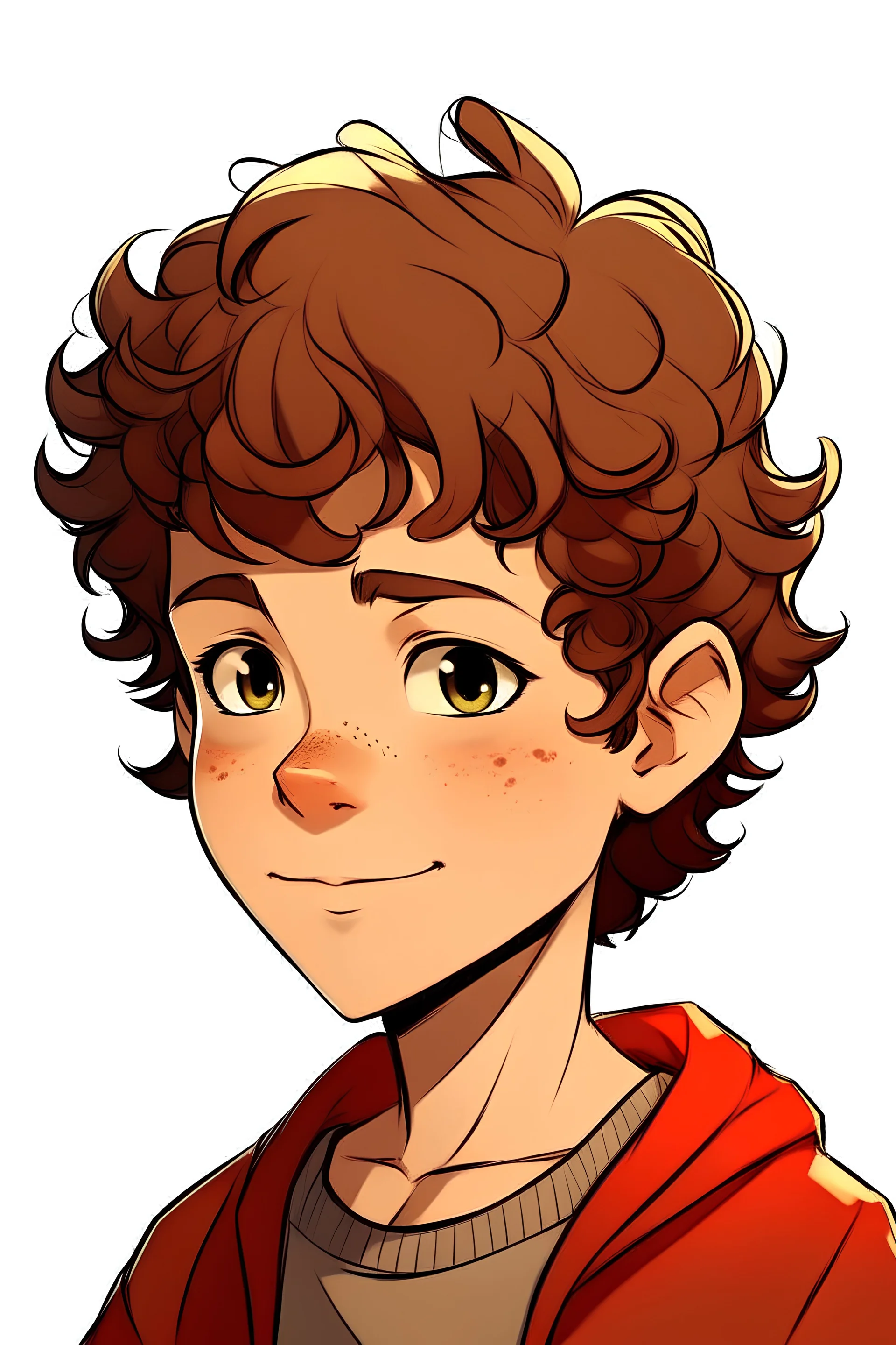 a cartoony profile picture of a 13 year old boy with a curly fade haircut and dark redish brown hair