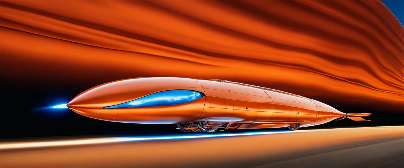 award winning car and driver photograph of a futuristic station wagon dirigible hybrid designed by only one vehicle per image painted metallic orange traveling at a high rate of speed, jet intake off of front center of vehicle and jet exhaust out the rear with bright blue flame, bilaterally symetrical, more a high speed road vehicle