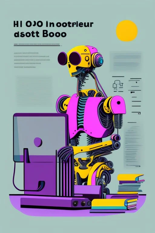 generate a full color front cover simplistic illustration representation of Ai bot writing a book