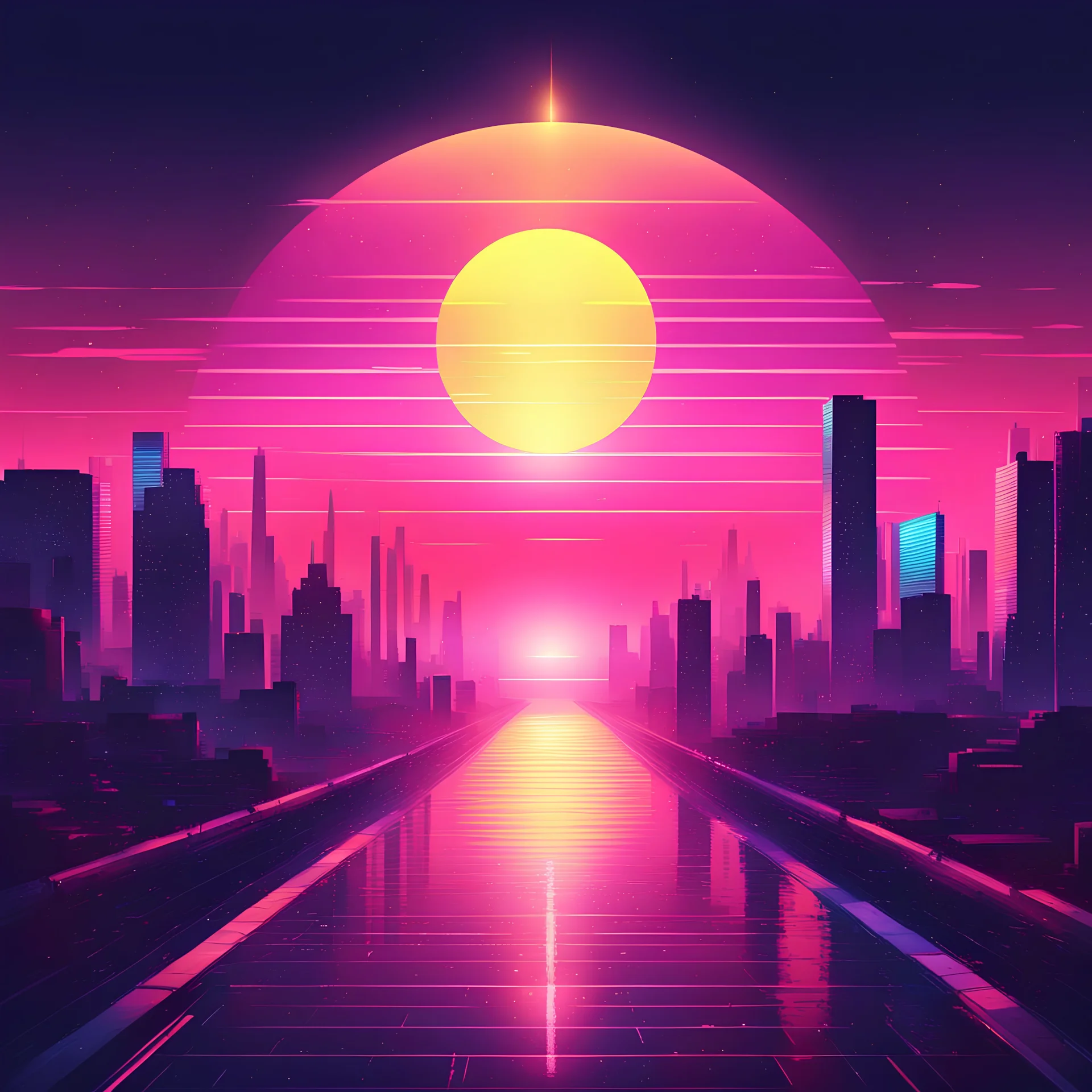 all night in a future city beautiful, synthwave picture style with light pixel, the sunset on the horizon, with a big pixelated sun and a half moon