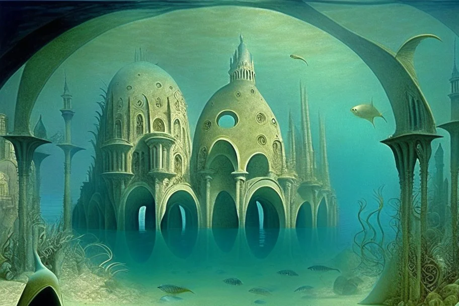 a fantastic underwater city with arches and domes by artists "Leonora Carrington" and "Piranesi"