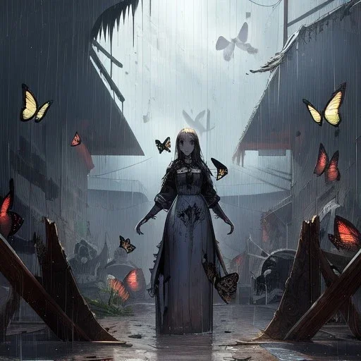 Skulls Queen, raining, Butterfly, raiven, destroyed Market,