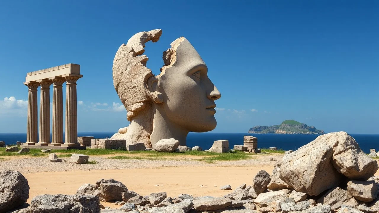 Summary: The image features a surreal landscape with a colossal, partially destroyed statue of a head beside ancient ruins, against a backdrop of a tranquil sea and distant island. Detailed Description: Objects: The scene prominently displays the large, fragmented head of a statue, which conveys the impression of a once-majestic figure, possibly symbolic of a deity. Surrounding it are several ancient pillars, hinting at a classical architecture style. In the foreground, rocky terrain meets the s