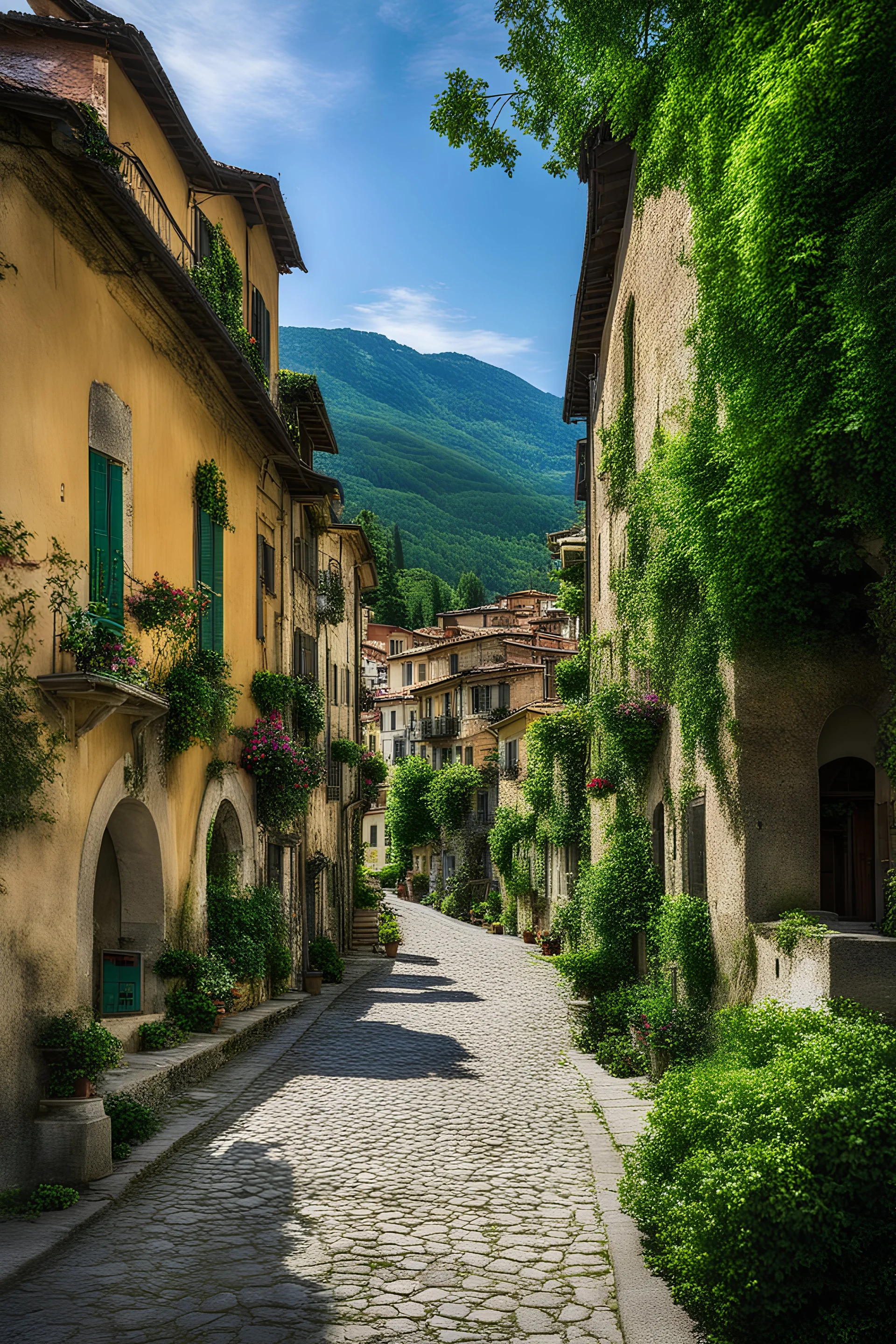 Create a realistic photograph of a small Italian town at Como Lake in late spring. Use a wide lens and a Fuji 30 camera.