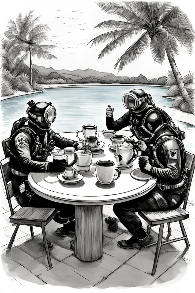 Drawing of 2 divers with full diving gear on, goggles, flip flops and suits are sitting outside at a round table having tea