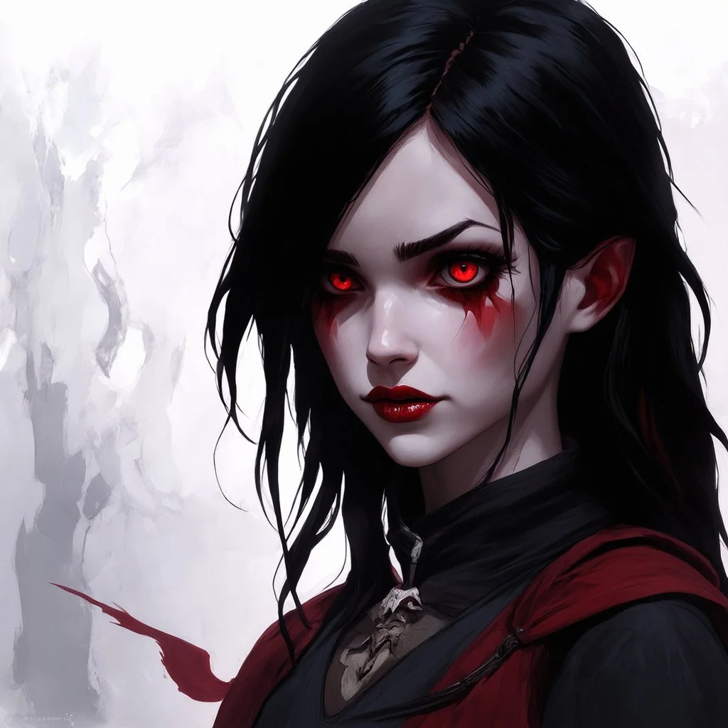 a pretty girl, 14 years old, black hair, red eyes, vampire, realism, stylised, serana