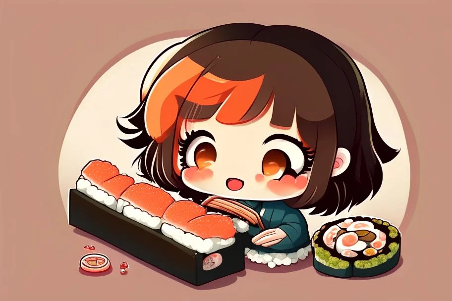 contented cute chibi girl eating sushi