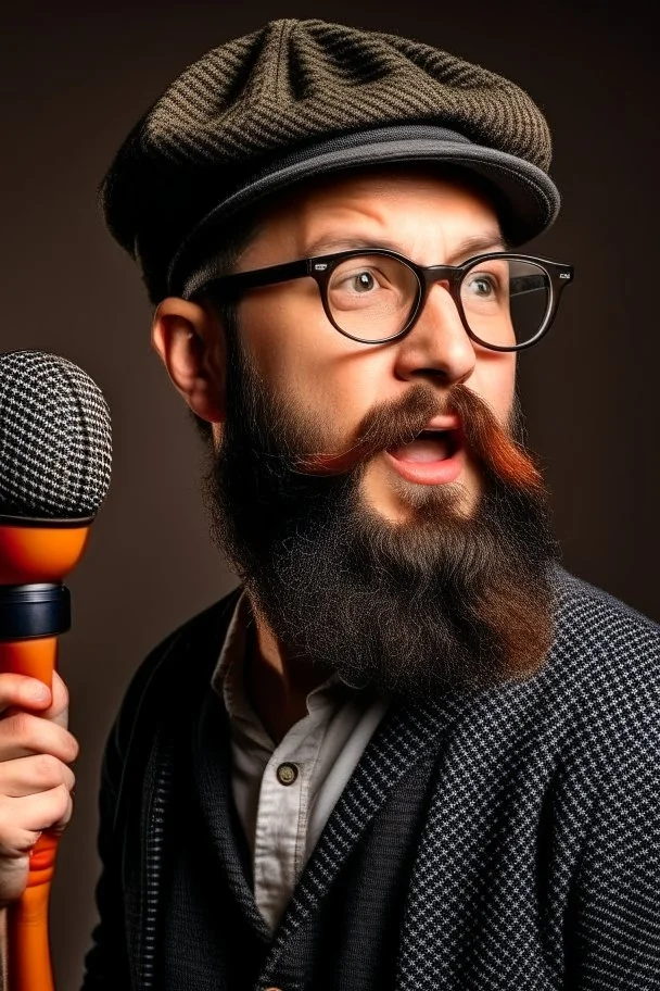 Man fires up with a microphone in his hand, wears glasses, hat, beard, looks like a clog.