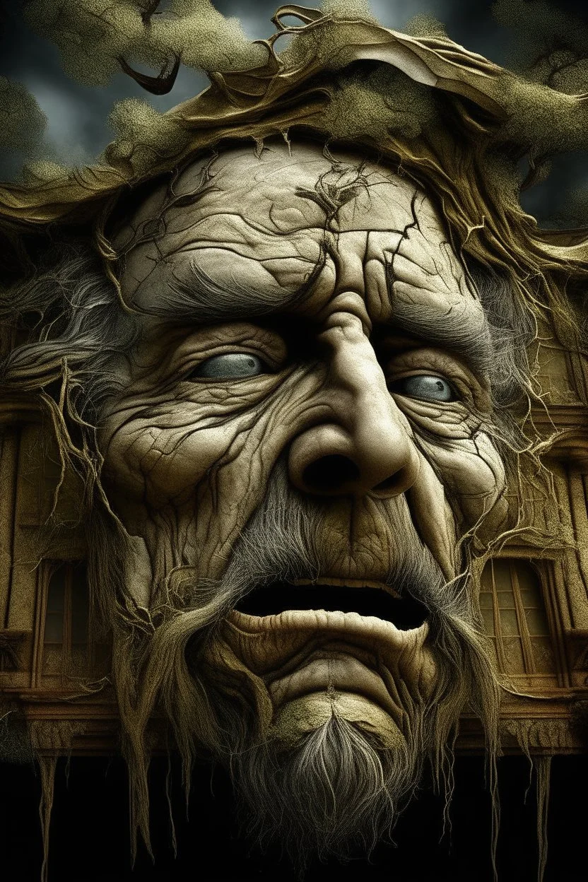 surrealis monochrome A fragmented, surreal sculpture liguid color of photorealistic image 3d,psychedelic art of an old man face glossy emerging from dreamlike a crumbling building. The face appears pale with deep cracks and intricate details, evoking a haunting expression. Blackened tree branches intertwine with the gold mengkilat cracks, set against a backdrop of stormy, cloud-filled skies. bauhaus art The overall tone is dark and moody, suggesting themes of decay and transformation. Include