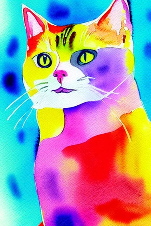 watercolor painting, happy cat, bright color,