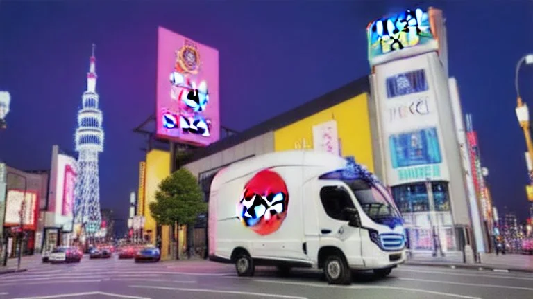 A police Tesla Cybertruck is chasing a Tesla 'Model S Plaid' at top speed, across the 'Universal Studios Japan', in Osaka. CINEMATIC. WIDE ANGLE LENS. PHOTO REAL.