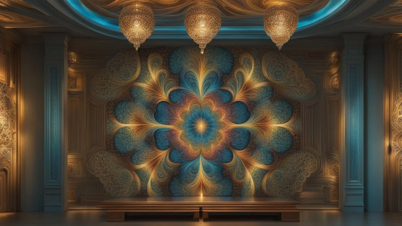 a big stunning fractal illustration with stepwise metalic colors on the wall in the living room, hyperdetailed , natur lighting, intricate detailed, high focus, cinematic, stunning, photorealistic