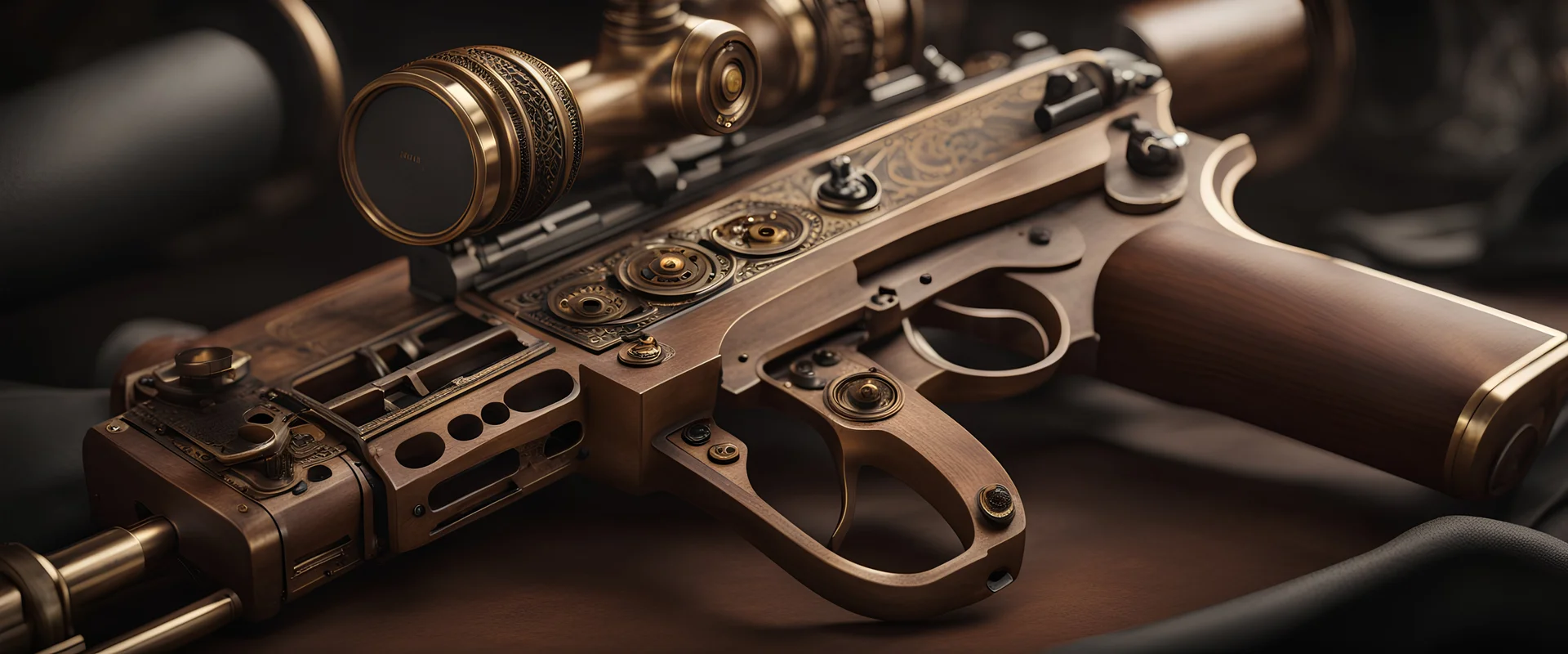 High-end state-of-the-art STEAMPUNK aesthetics flawless Colt M1921A Thompson submachine gun, supreme cinematic-quality photography,waltnut wood handle,Art Nouveau,Vintage style Octane Render 3D technology,hyperrealism photography,(UHD) high-quality cinematic render,Insanely detailed close-ups capturing beautiful complexity,Hyperdetailed,Intricate,8K,