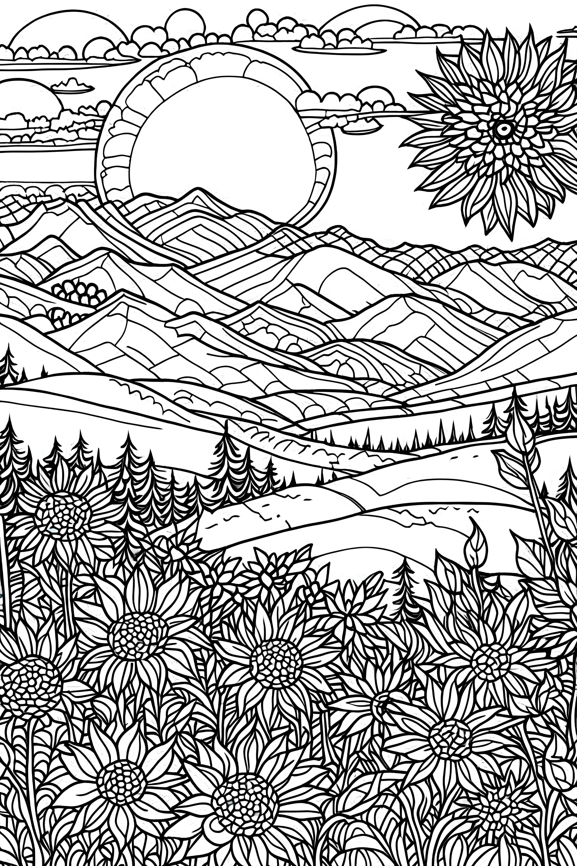 Vector sunflower and landscape with mountains anti stress coloring book for children and adults. black and white background, outline, coloring book