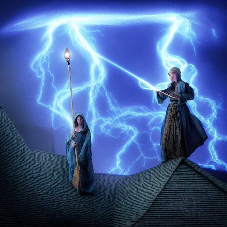 Cleric casting a magic spell, shingled rooftop view, projecting a light transluscent sparlky blue shield hologram , dark storm approaching, 8k resolution, high-quality, fine-detail, iridescent, intricate, detailed matte, volumetric lighting, illustration, brian froud, howard lyon, selina french, anna dittmann, annie stokes, lisa parker, greg rutowski, simon stalenhag