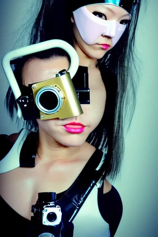 Cyber-punk style random-mask. Large fencing mask covers cheeks. Trim girls. Reflective white plastic skin. Camera lenses as eyes. Head full of integrated old-fashioned cameras. Golden to cyan surfaces body, latex. Perfect body, thick thighs and calves. Asa Akira. Selfies with old-fashioned cameras in both hands. Wide hip, skirt bleats nicely. Camera at mons veneris. Partly symmetrical. Cameras hanging on wide plastic belt. Euclidean 3D-tiling walls. Fractals. Chaos. Minimalism. surveillance