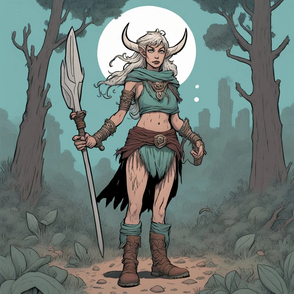 [mexican comics Head Lopper style by Andrew MacLean] IBarbaraa female elf druid of 35 years old. she spent her life learning the ways of nature and the p ower it contains. she worked in the fields with her boots.