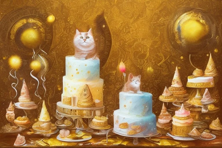 beautiful composition, cat birthday party with cake, watercolor and ink, golden glitters in ochre in sunshine