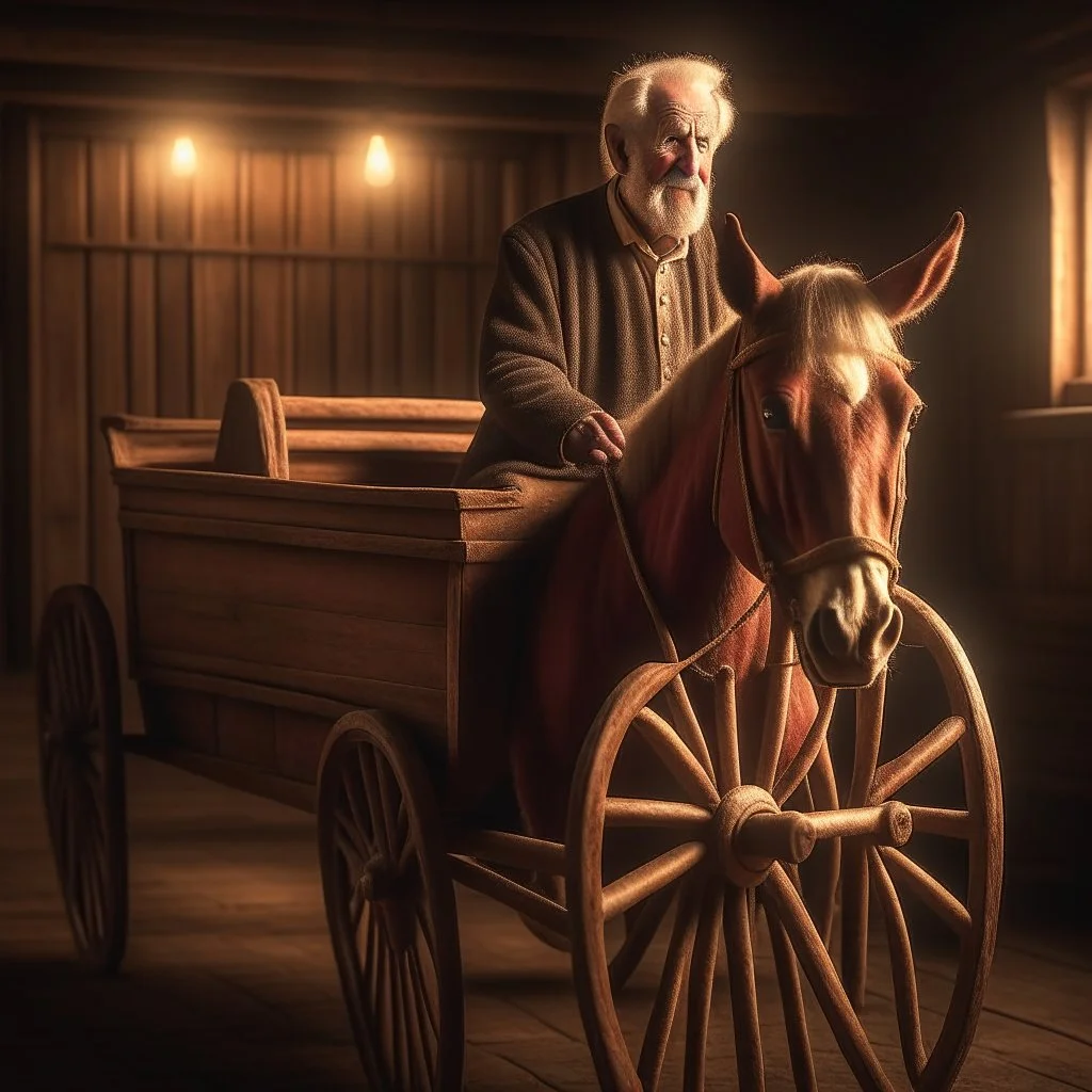 old man in stylish wooden horse wagon, motion blur, 8k, downlight, soft light, depth of field, photorealism, trending on art station, lotsa detail