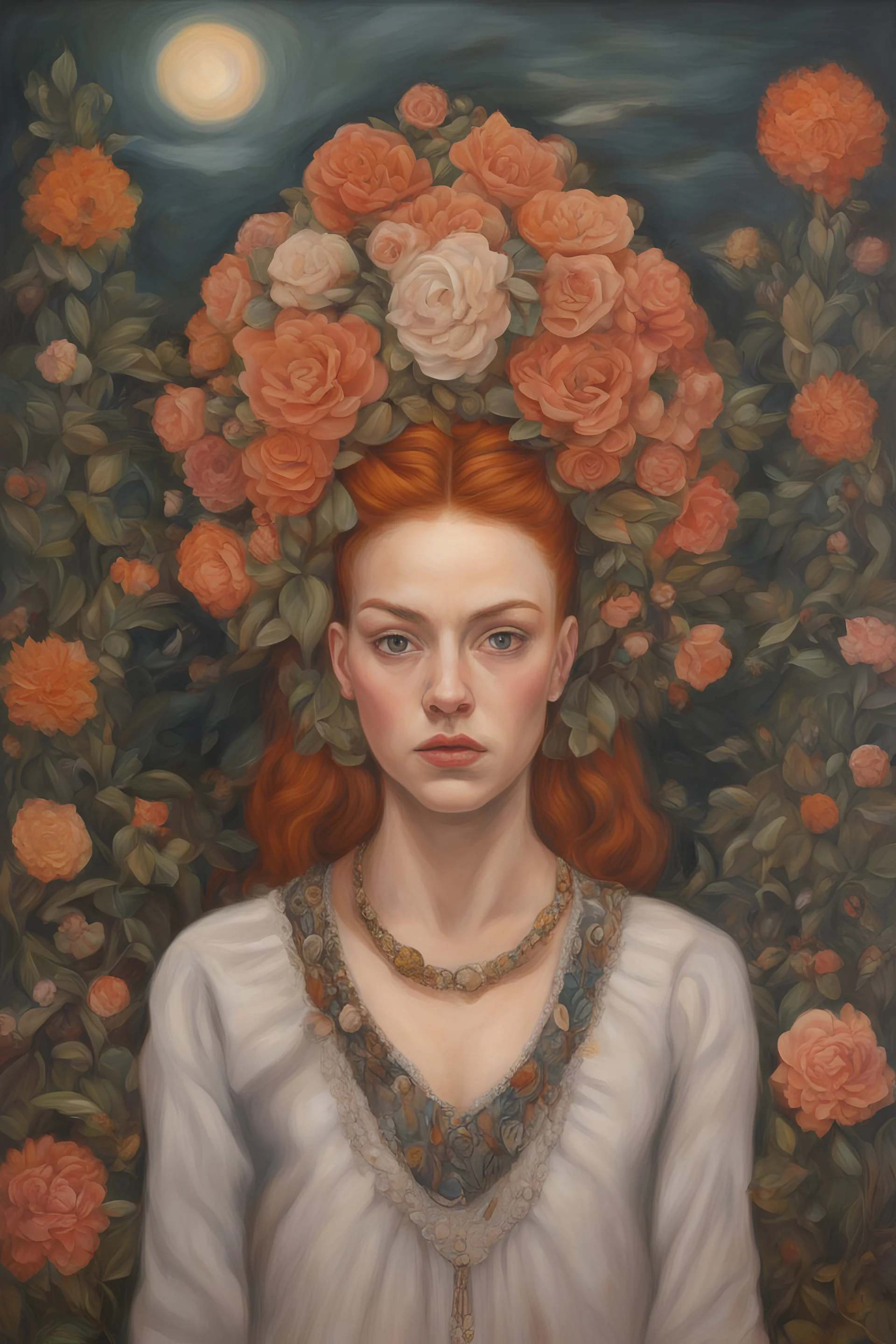 Ginger hair Alexandra "Sasha" Aleksejevna Lussin , oil paiting fantasy psychology dream, symptom, paint Salvador Dalí style in the New York City erect Frida Kahlo style