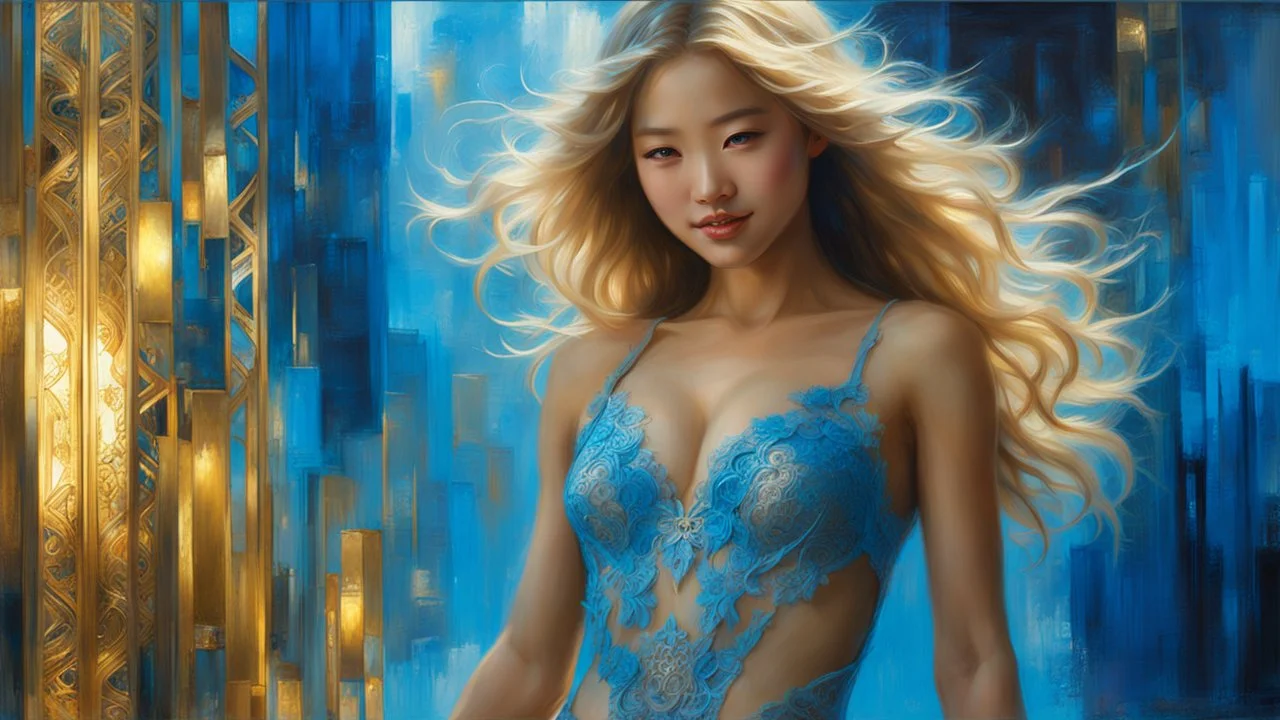 In Casey Baugh's evocative style, art of a gorgeous young smiling asian goddess full body with long blonde hair, blue eyes , beautiful chest and legs, futuristic, transparent blue lace, elegant, highly detailed, majestic, Baugh's brushwork infuses the painting with a unique combination of realism and abstraction, greg rutkowski, surreal gold filigree, broken glass, (masterpiece, sidelighting, finely detailed beautiful eyes: 1.2), hdr, realistic painting, natural skin, textured skin,