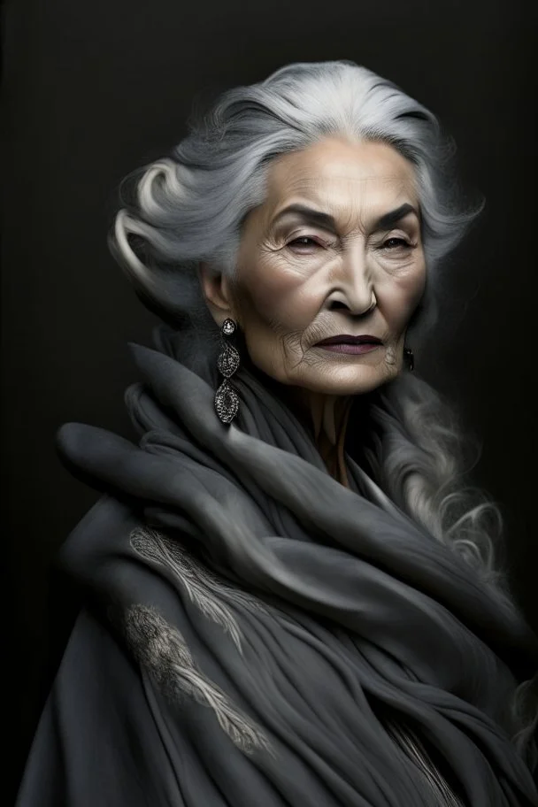 a photo of an Georgian woman with ethnic jewelry, grey hair and grey flowing robe, in style of Annie Leibovitz, contemporary portrait of a mature yet beautiful and modernist woman, black and grey, detailed feminine face, swirling fluid smokey enigma, award-winning artwork