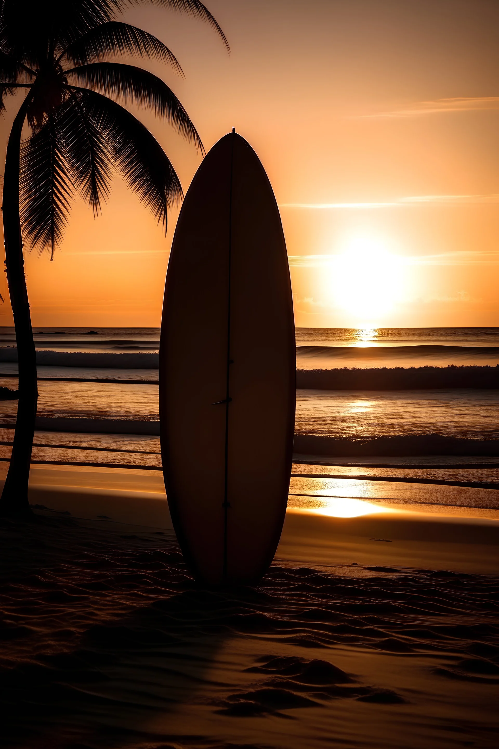 Image of beach, coconut tree and a surfboard at sunset