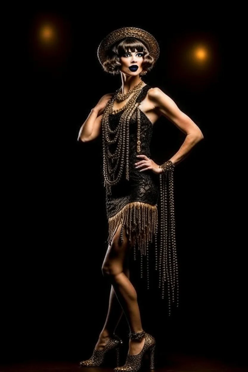 Full Body, slim burlesque Woman looking to the right, With A Bob With A Fringe Hairstyle, flapper Clothing, Steampunk