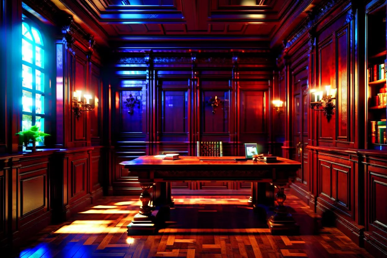 Picture of a study with mahogany panelled walls, a large desk and a heavy wooden door, photorealistic, dark fantasy, 4k