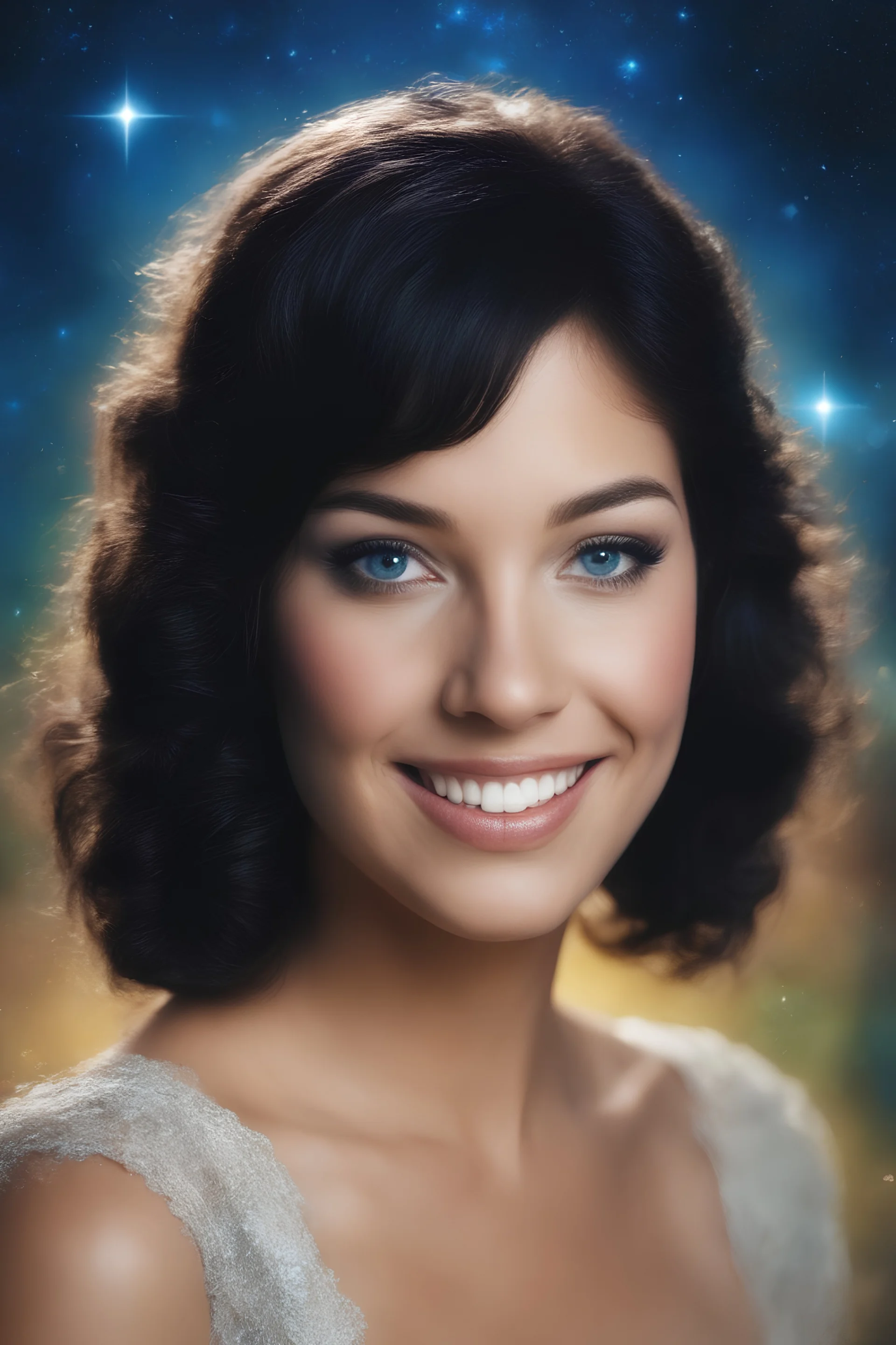 full color, facial portrait, smiling 18-year-old Lenna Nimoy with (((Black Hair))), (((blue eyes))), 32k, UHD, Professional Photo -- Botany - Starry - Retro Pop - Dark Fantasy - Horror - Festive - Realistic - 32k, UHD, professional quality, 8 x 10 digital photograph