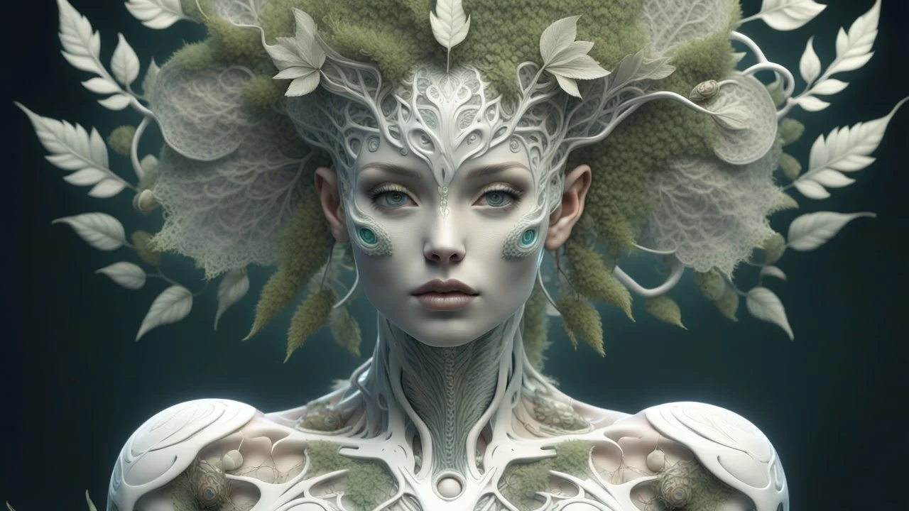 3D render ultra detailed of a beauty white glossy, swoman DRYAD, from knee to head, biomechanical cyborg, analog, 35 mm lens, beautiful natural soft rim light, big leaves and stems, roots, fine foliage lace, colorful details, samourai, earring, heavely tattoed, intricate details, mesh wire, mandelbrot fractal, facial muscles, cable wires, microchip, badass, hyper realistic, ultra detailed, octane render, volumetric lighting, 8k post-production, red and white, detailled metalic bones, semi human