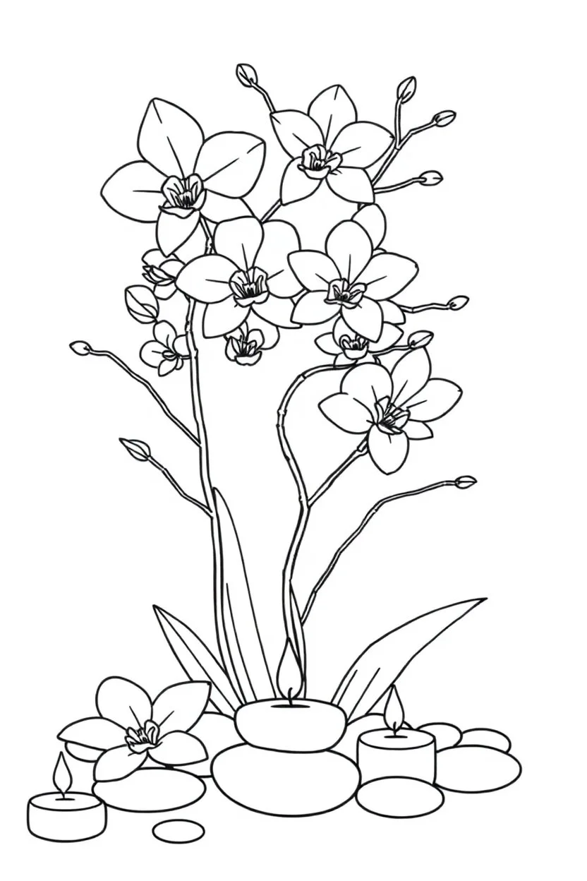 outline art for visually rich appealing tall ikebana heart orchids plumeria spa rounded stones around candles, coloring page for kids, white background, fit to page, only use outline, clean line art, no shadows, clear and well outlined