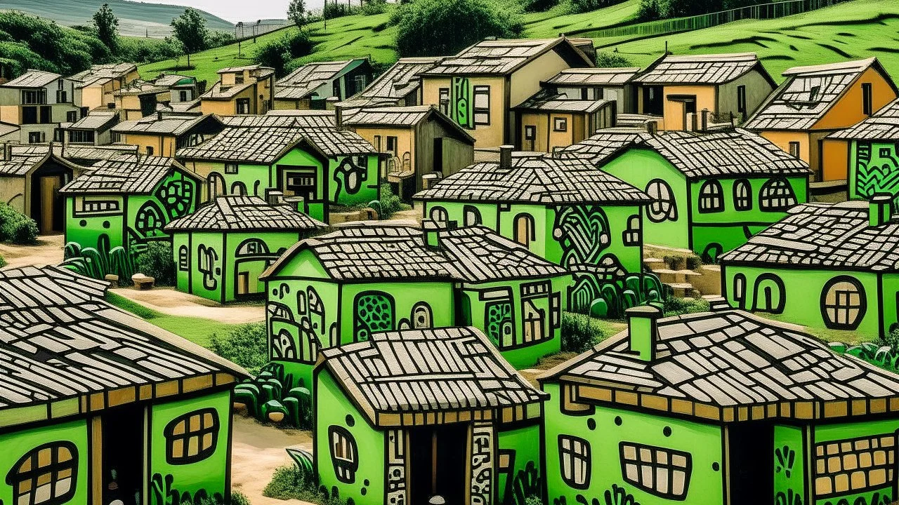 An olive green village with wooden houses painted by Keith Haring
