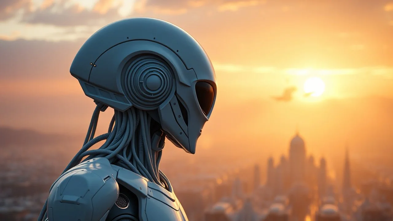 Photoreal Gorgeous godlike white alien cyborg looking over a futuristic city on the horizon in mystical haze at golden hour , otherworldly creature, in the style of fantasy movies, photorealistic, bokeh masterpiece smooth shading, ultra detailed, high resolution, cinematic, unreal 6, subtle shadows, octane render, 8k, cinema 4d, HDR, dust effect, vivid colors