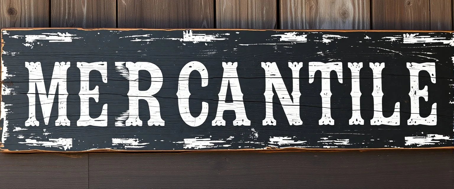 fill composition with large and wide historical hand painted old western sign that reads: "MERCANTILE" white on black with inset white stripe boarder aged paint on wood sanserif
