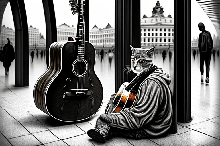 One single mature cat, guitar case, wearing clothes, sitting in the subway, Vienna, friendly, sunny day, model style, hyper realistic, extremely accurate, delicate, extremely detailed, Graphic novel style, wide-angle, open aperture, superfine pencil