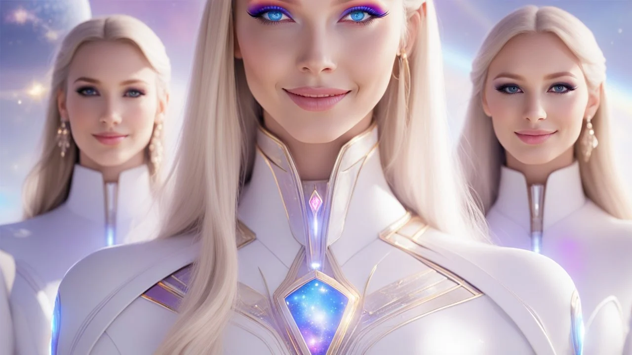cosmic woman ,beautiful ufos rainbow, admiral from the future, galactic confédération, fine whole face, crystalline skin, expressive purple eyes,rainbow, smiling lips, very nice smile, costume pleiadian, Beautiful tall woman pleiadian Galactic commander, ship, perfect datailed golden galactic suit, high rank, long blond hair, hand whit five perfect detailed finger, amazing big puple eyes, mouth, high définition lips, cosmic happiness, bright colors