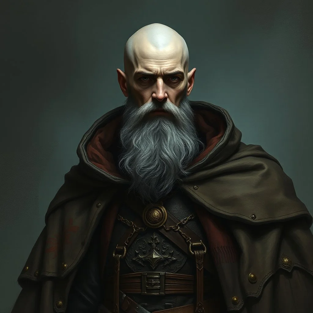 A bald greyskinned noble with a renaissance coat fantasy grimdark realistic