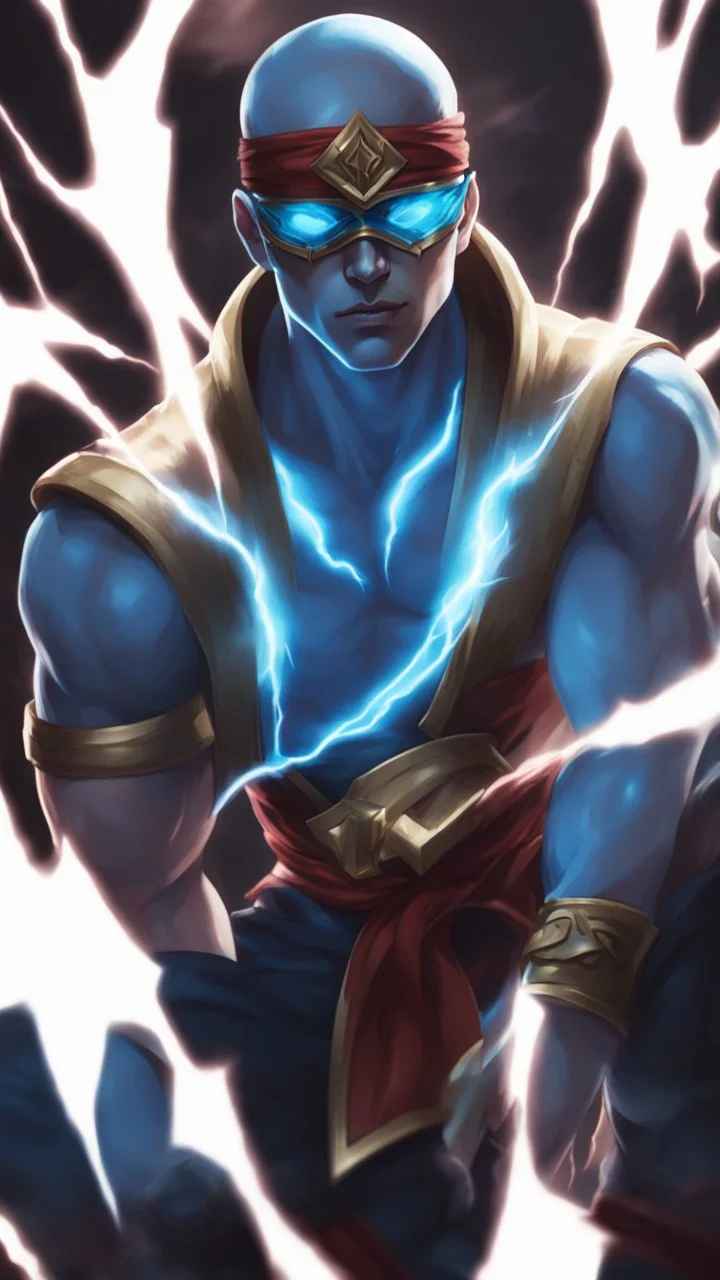 Lee Sin from League of Legends God of Thunder, blue glowing thunder, Blindfold on the eye