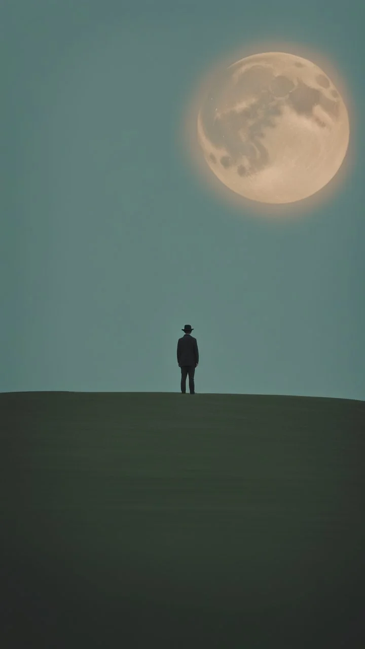 A solitary figure stands in the vastness of an open field, gazing at the distant horizon under a crescent moon. The photo focuses on the figure's face with an analog film photo style featuring a grainy texture and vintage aesthetics. A muted pastel color palette and minimalism create a mood of solitude with soft lighting from a low angle shot and rule of thirds composition. The wideangle lens captures the scene at twilight under a crescent moon. --ar 103:128 --style raw --v 5. 2