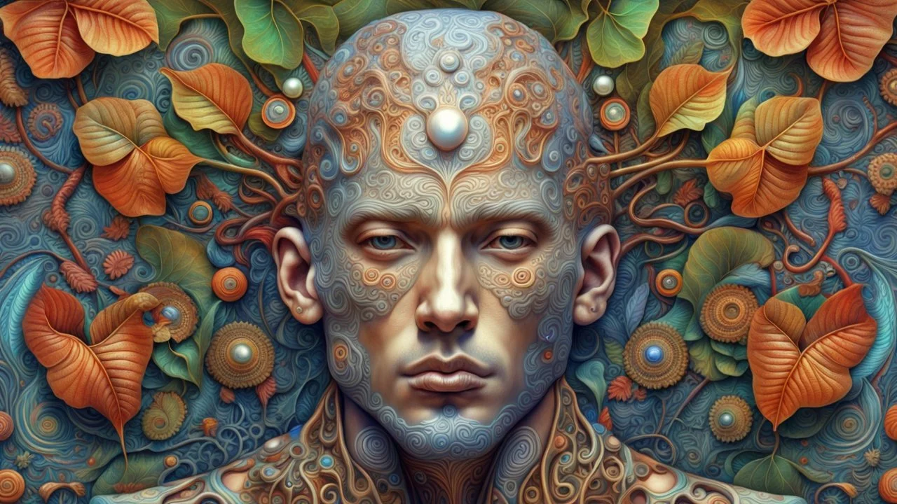 DeepDream-generated image depicting …Complex 3d render ultra detailed of a handsome male porcelain profile face, biomechanical cyborg, analog, 150 mm lens, beautiful natural soft rim light, big leaves and stems, roots, fine foliage lace, colorful details, massai warrior, alexander mcqueen high fashion haute couture, pearl earring, art nouveau fashion embroidered, steampunk, intricate details, mesh wire, mandelbrot fractal, anatomical, facial muscles, cable wires, elegant, hyper realistic, ultra