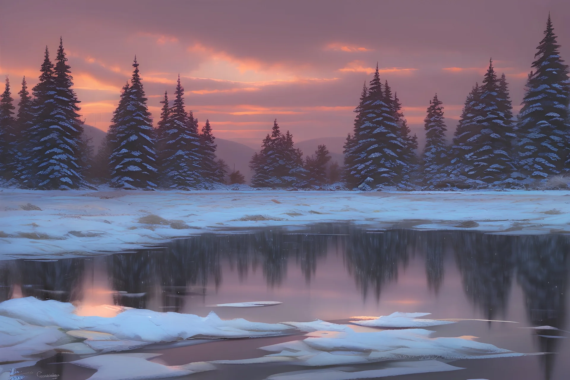 lake, ice, winter, it's snowing, sunset, winter firs and pines, high detail, complex details, high resolution, clear quality, beautiful lighting, spectacular lighting, deep shadows, warm colors, warm light, colorful. Thomas kincaid, Dmitry Vishnevsky, Guido Borelli da Calusogido, Elegant, 8k, Oil on canvas, Super detailed, 4K 3D, Clear quality, Very cute
