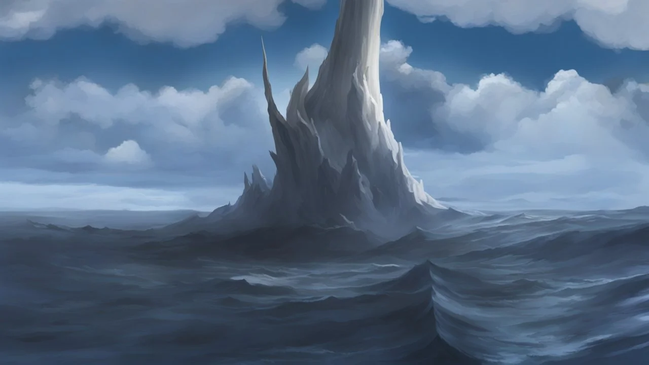 a thick hollow twisting spire rises out of the raging sea, a whirlpool inside the base of the spire