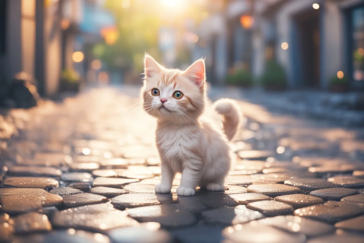 cute happy chibi anime cat standing on a wet cobblestone road in sunshine, ethereal, cinematic postprocessing, bokeh, dof