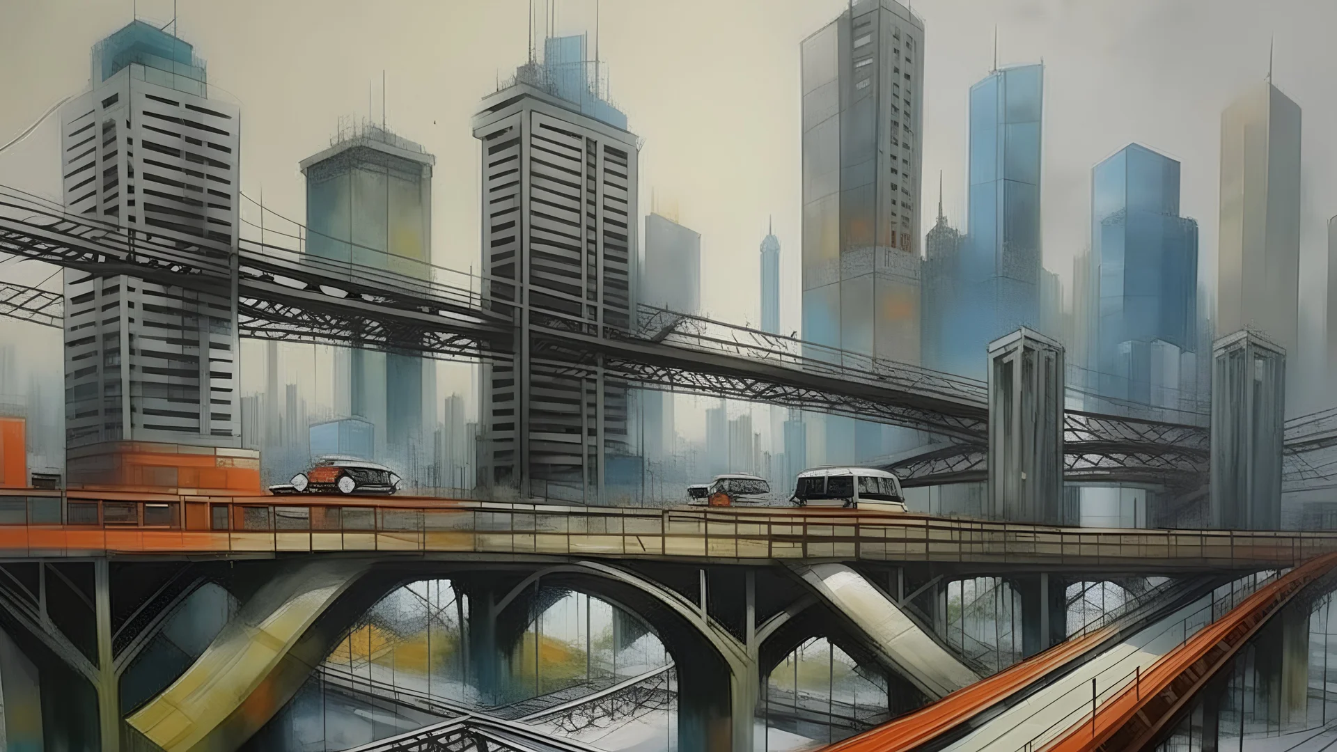 bridge over a city with buildings under construction, large scale scene, cityscape, overpasses, contemporary art