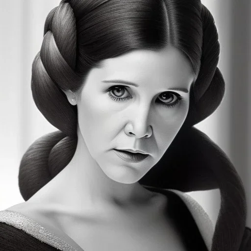  half-length portrait, three-quarter face pose of carrie fisher as Princess Leia in [the empire strikes back] with photo realistic fine and very simple short hair, entrancing deep brown eyes, eos5d mark 4, ef 85mm 5.6, professional majestic photo realistic painting by Ed Blinkey, Atey Ghailan, by Jeremy Mann, Greg Manchess, Antonio Moro, trending on ArtStation, Intricate, High Detail, Sharp focus, dramatic, by greg rutkowski, realism, beautiful and detailed lighting,