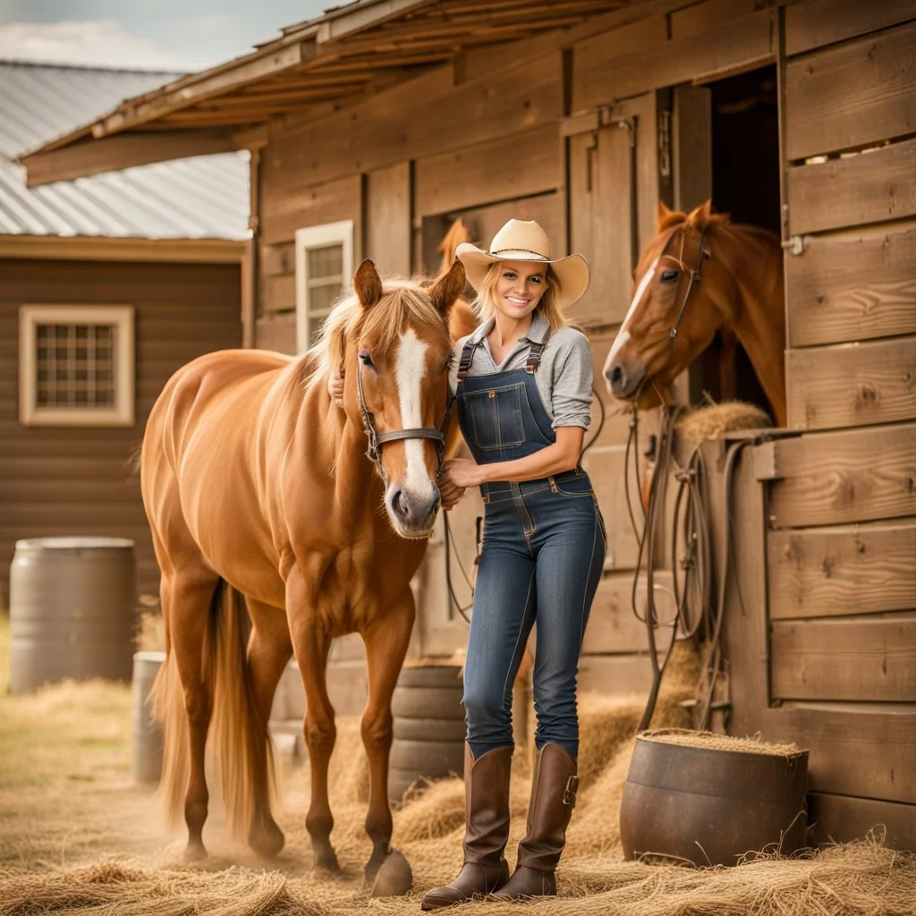 Beautiful blonde female farmer on a horse farm in Texas wearing tight denim overalls and wearing cowboy boots holding a horse's front leg and shoeing a hoof, surrounded by a wooden fence yard and bales of hay and hay, in the background of a typical ranch house